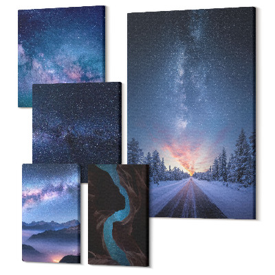 Sada obrazů na zeď pentaptych Vesmírné noční scenérie s galaxiemi a krajinami