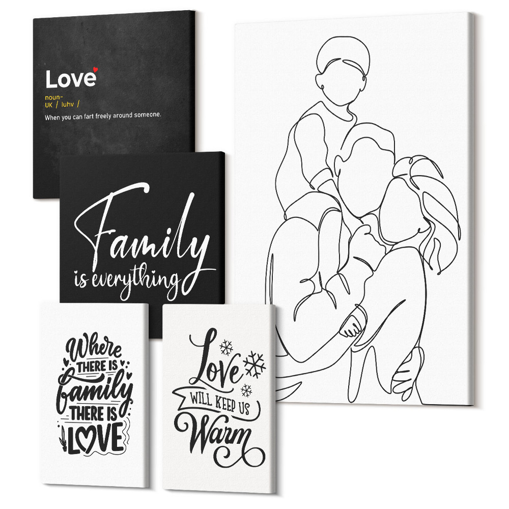 Sada obrazů pentaptych Rodinné hodnoty lásky a blízkosti v minimalistickém stylu