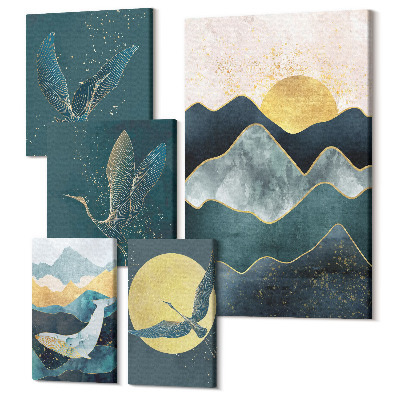 Sada obrazů na zeď pentaptych Stylové horské krajiny s ptáky a sluncem
