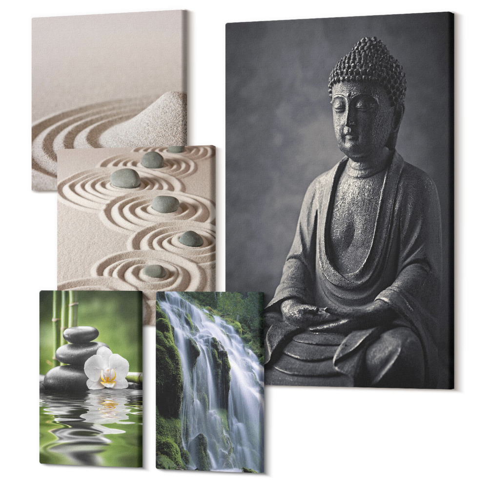 Sada obrazů pentaptych Relaxační zenová témata s přírodou a buddhistickým poselstvím