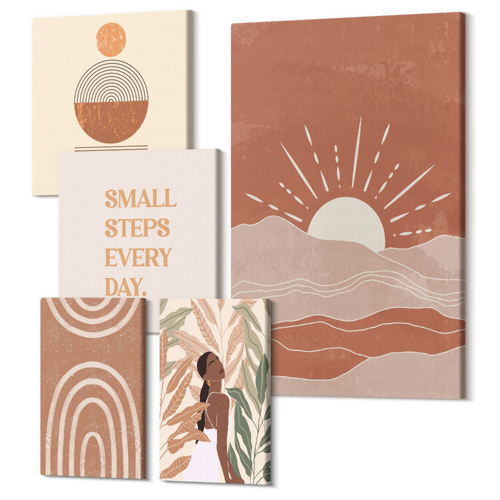 Sada obrazů na zeď pentaptych Boho styl inspirovaný přírodou a pozitivními slogany