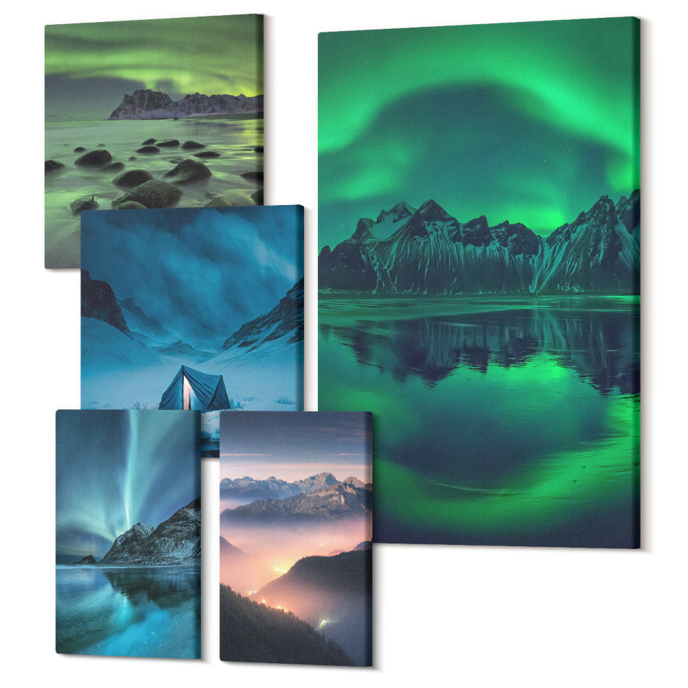 Sada 5 obrazů Zimní krajina s polární záři a výhledem na hory