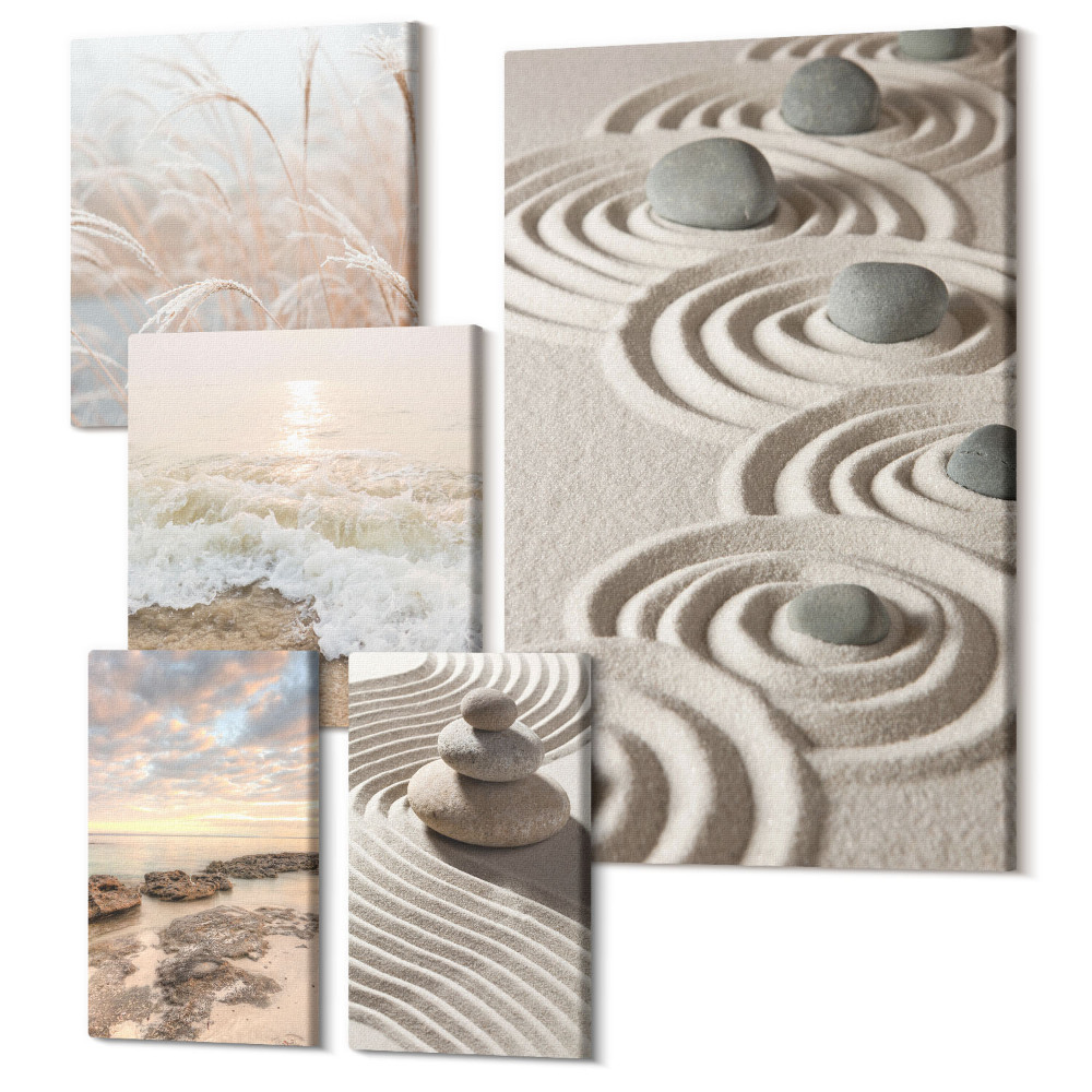 Sada obrazů na zeď pentaptych Relaxační přírodní krajiny s kameny a mořskými vlnami