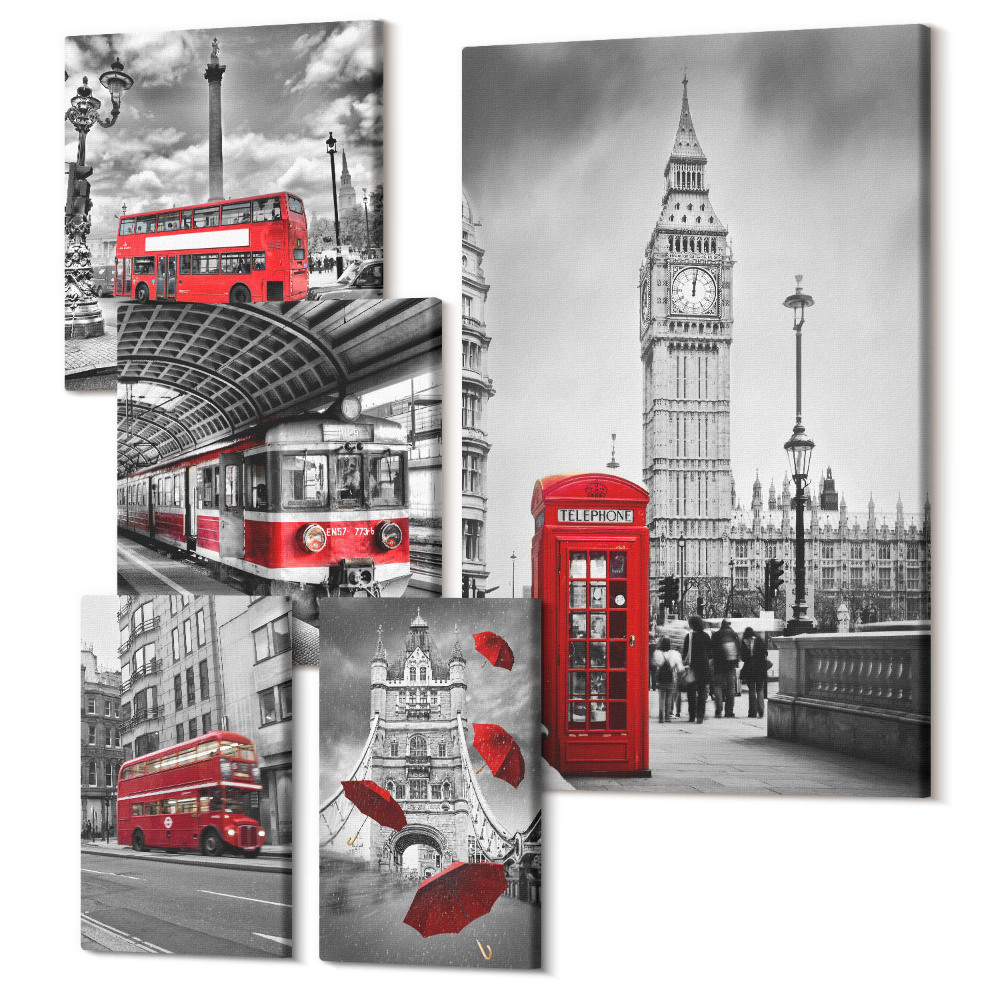 Sada obrazů pentaptych Londýnské motivy s červenými akcenty a architekturou