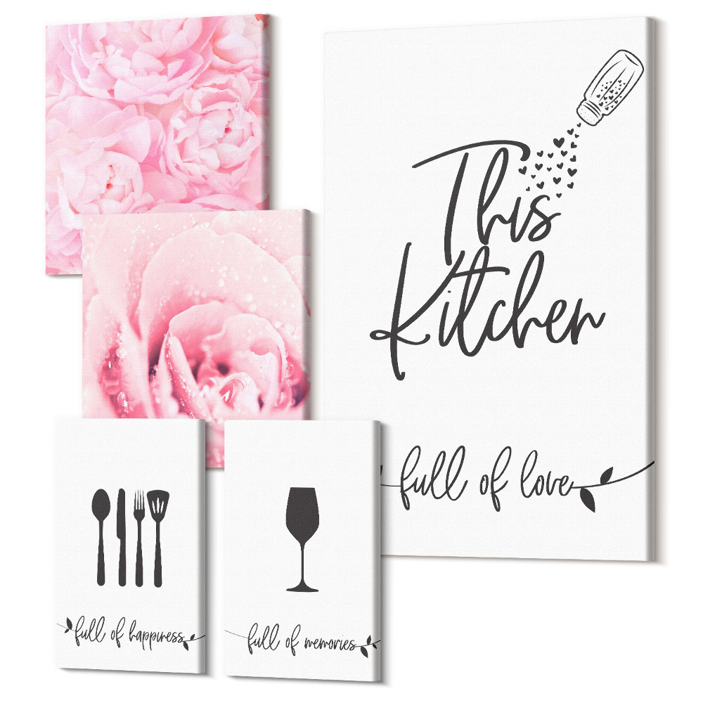 Sada obrazů na zeď pentaptych Kuchyňská inspirace s růžemi a kulinářskými doplňky
