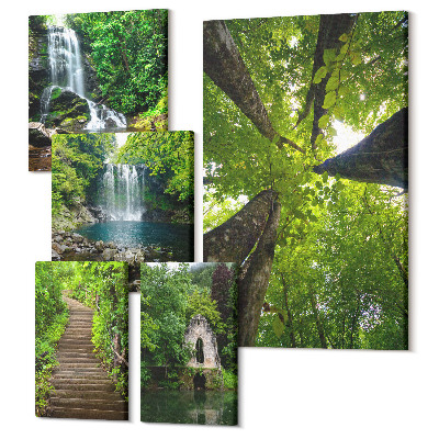 Sada obrazů pentaptych Zelené krajiny vodopádů a lesních cest
