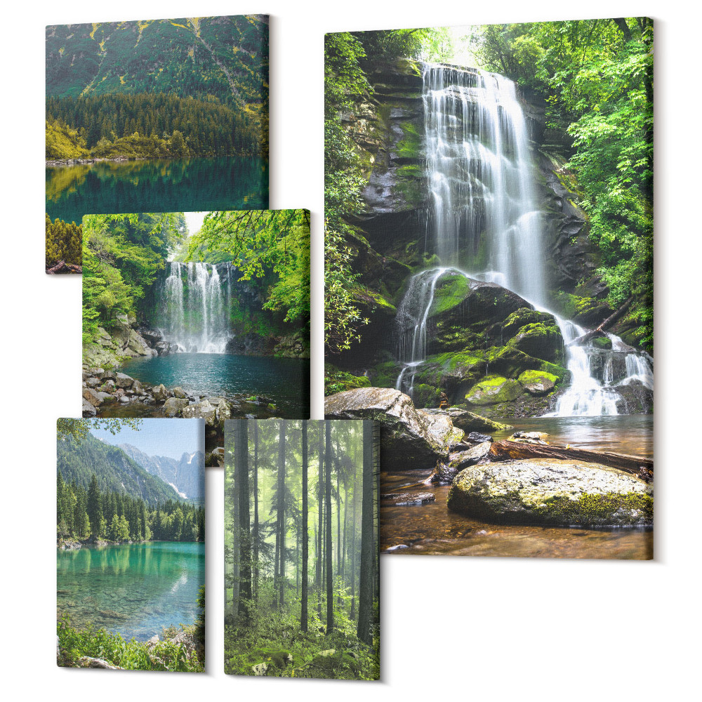 Sada obrazů na zeď pentaptych Vodopády a lesní krajina obklopená přírodou