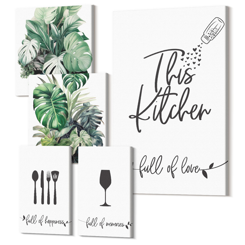 Sada obrazů pentaptych Kuchyňské inspirace s rostlinami a pozitivními slogany