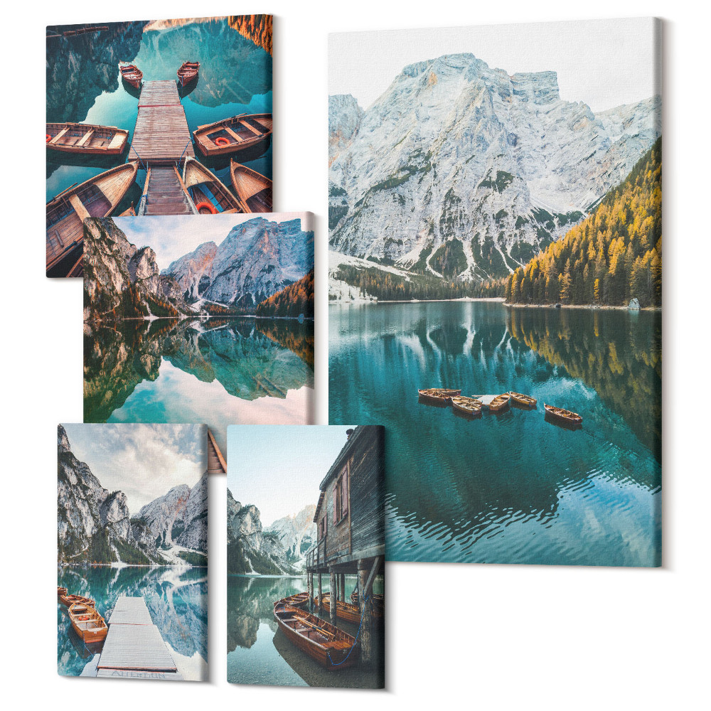 Sada 5 obrazů Horská jezera s dřevěnými čluny v přírodním stylu