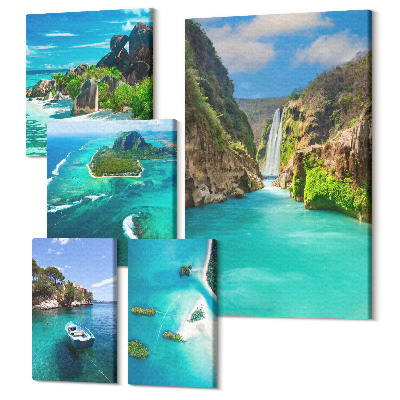 Sada obrazů pentaptych Tropická krajina s vodopády a rajskými plážemi