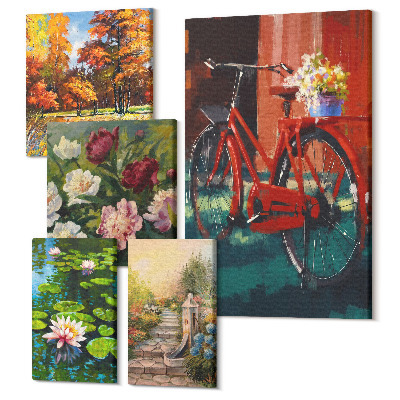 Sada obrazů na zeď pentaptych Květinové inspirace s kolem a malebné krajiny