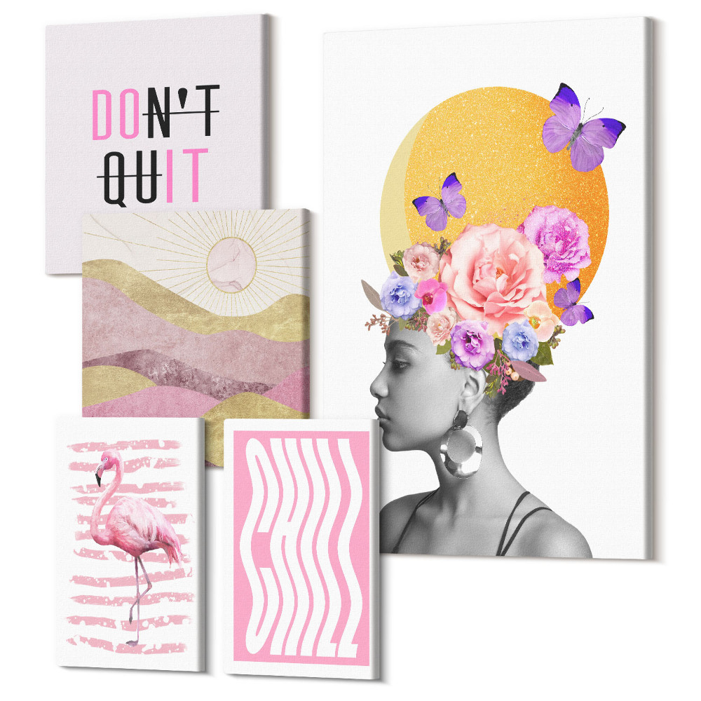 Sada 5 obrazů Boho styl s květinovými motivy a inspirativními slogany