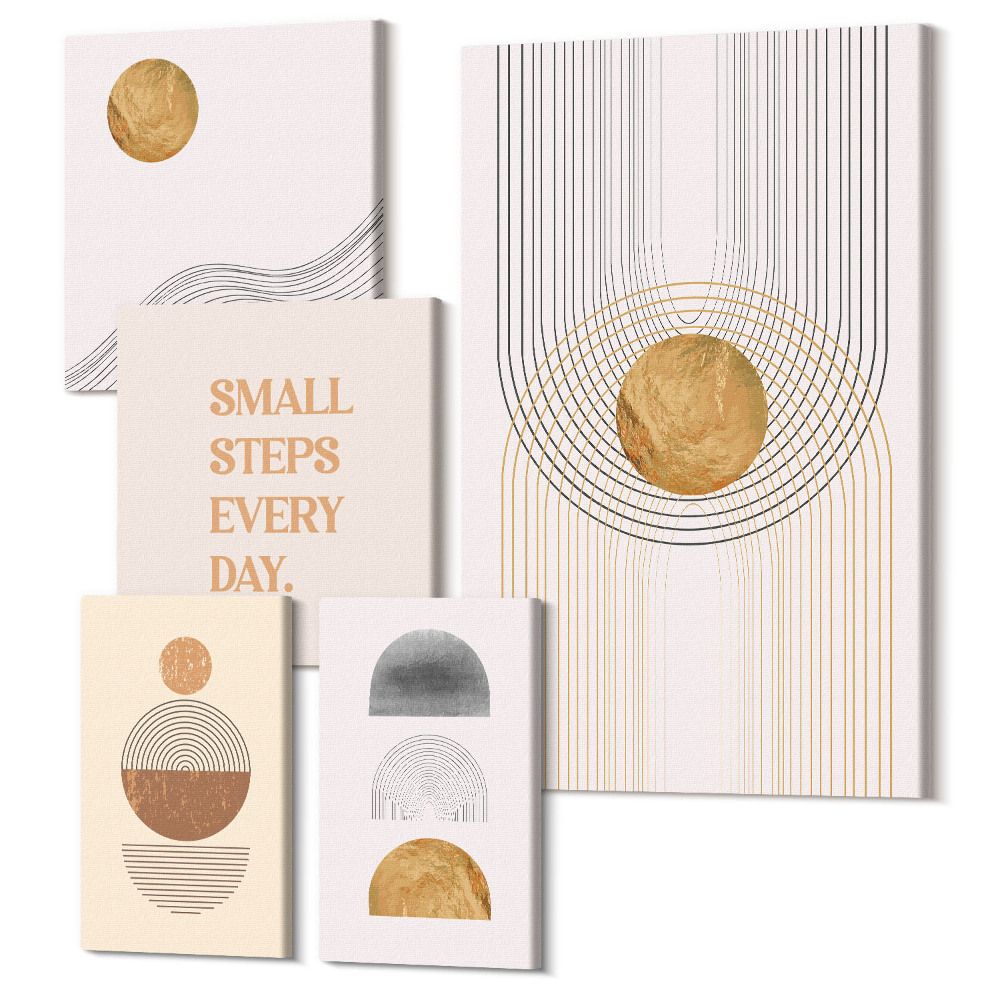 Sada obrazů pentaptych Abstraktní kompozice s geometrickými tvary a textem