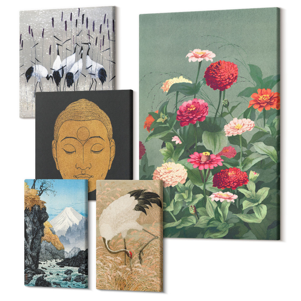 Sada obrazů pentaptych Asijské krajiny s květinami a buddhistickou symbolikou