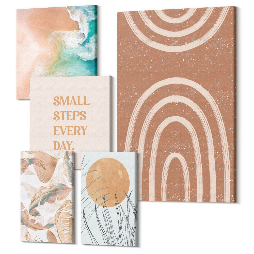 Sada obrazů na zeď pentaptych Stylové dekorace s rostlinnými a geometrickými motivy