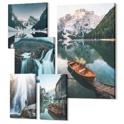 Sada obrazů pentaptych Horské krajiny s vodopády a alpskými jezery