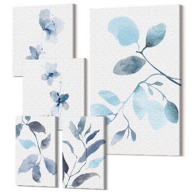 Sada obrazů pentaptych Rostlinné akcenty v jemných odstínech modré
