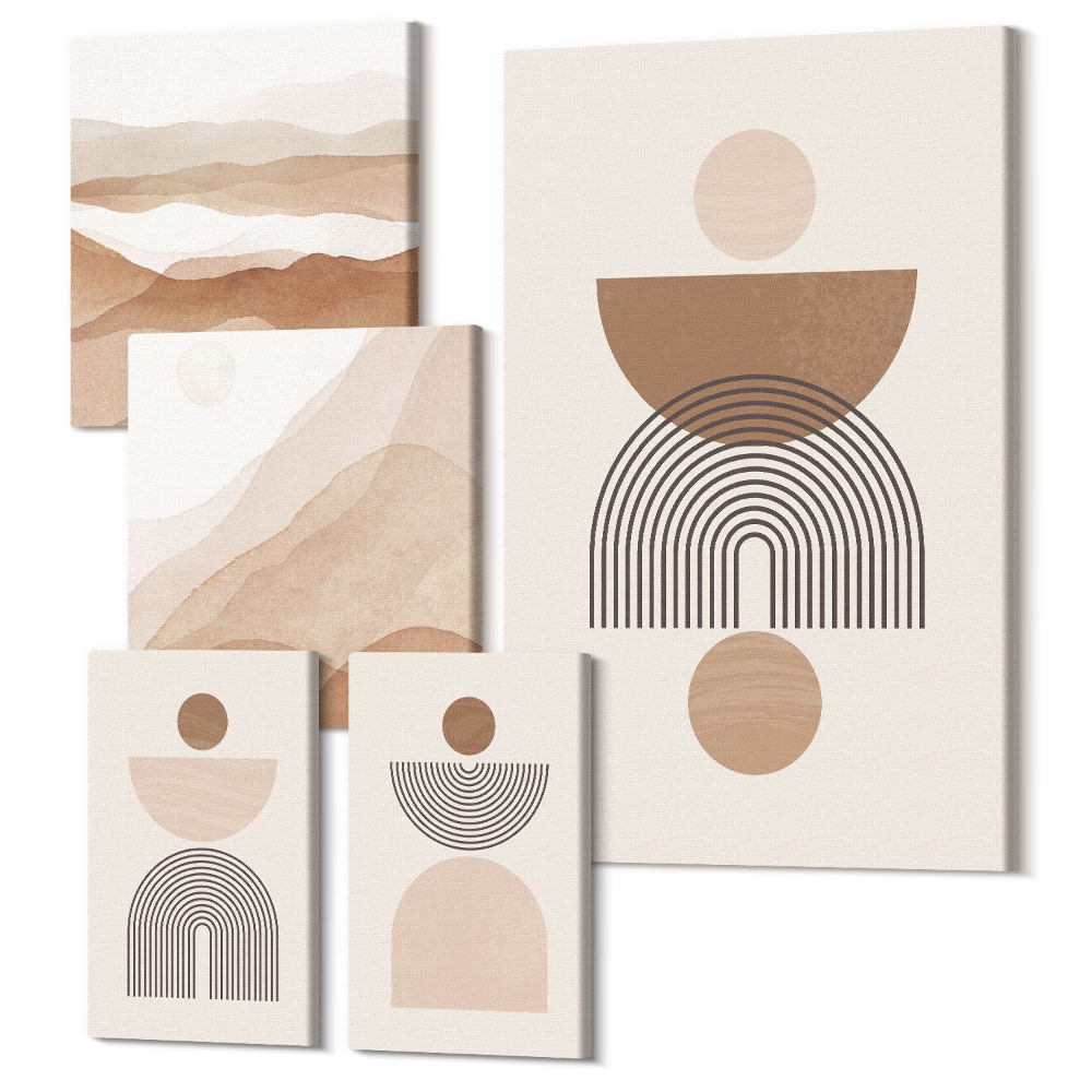 Sada 5 obrazů Abstraktní kompozice v zemských tónech a geometrických tvarech