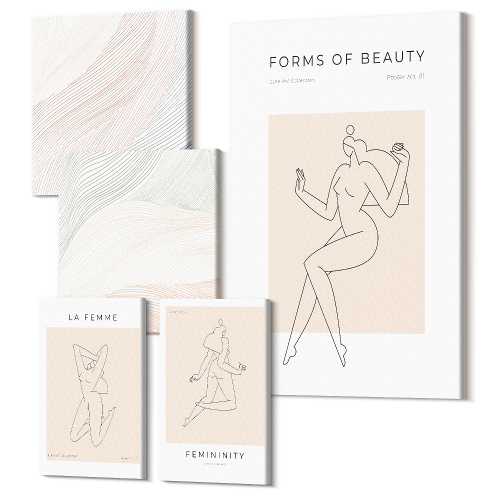 Sada obrazů pentaptych Formy krásných linií a siluet v minimalistickém stylu