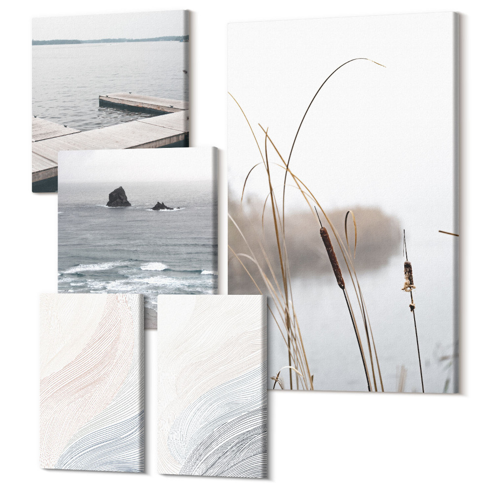 Sada obrazů na zeď pentaptych Minimalistické přímořské krajiny s jemnými vlnami