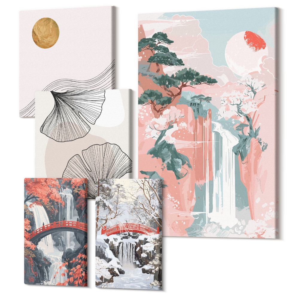 Sada obrazů pentaptych Přírodní krajiny s vodopády a vegetací v japonském stylu