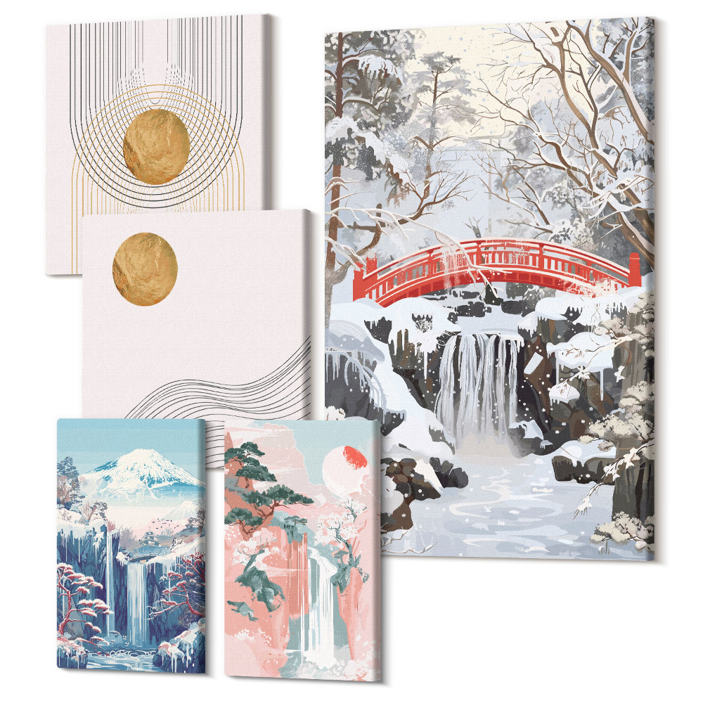 Sada 5 obrazů Krajina s vodopády a mosty v japonském stylu