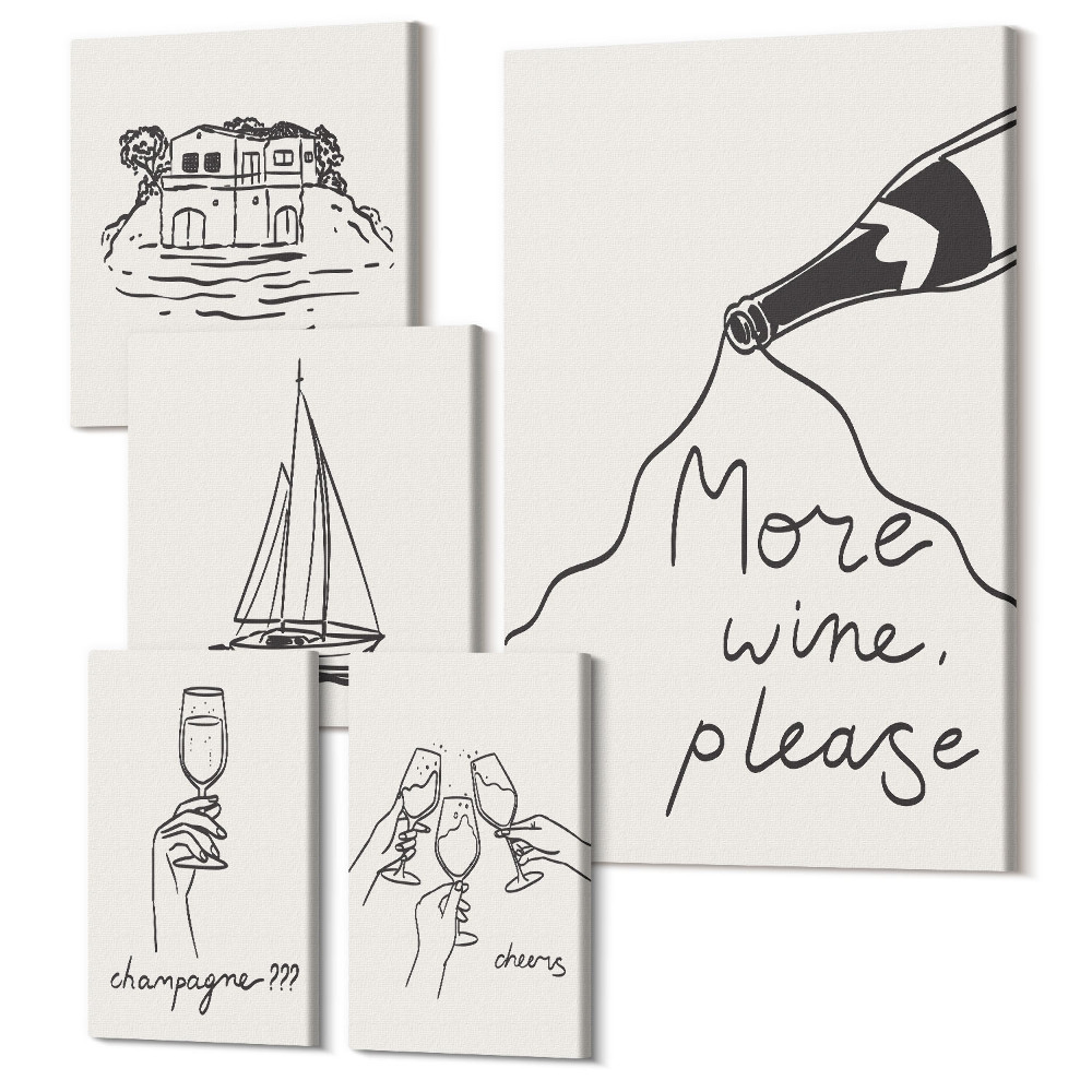 Sada obrazů na zeď pentaptych Stylová grafika s tématy vína a relaxace u vody