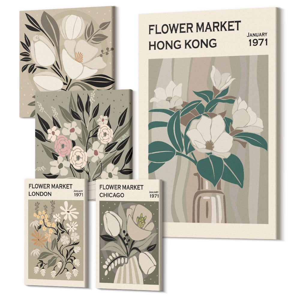 Sada obrazů na zeď pentaptych Květinové trhy z různých měst, retro a vintage styl