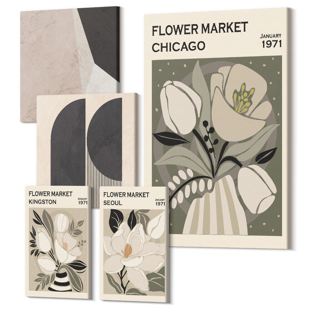 Sada 5 obrazů Stylové kompozice s květinovými a geometrickými motivy