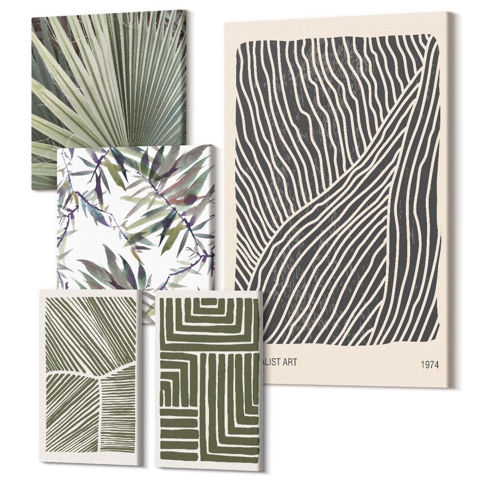 Sada obrazů na zeď pentaptych Rostlinné vzory v minimalistickém stylu do interiéru