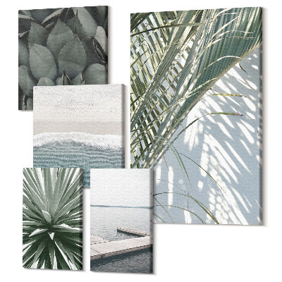 Sada 5 obrazů Tropické rostlinné motivy s výhledem na moře