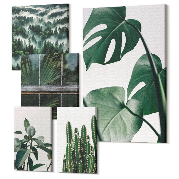 Sada obrazů pentaptych Botanická inspirace s tropickými listy a kaktusy
