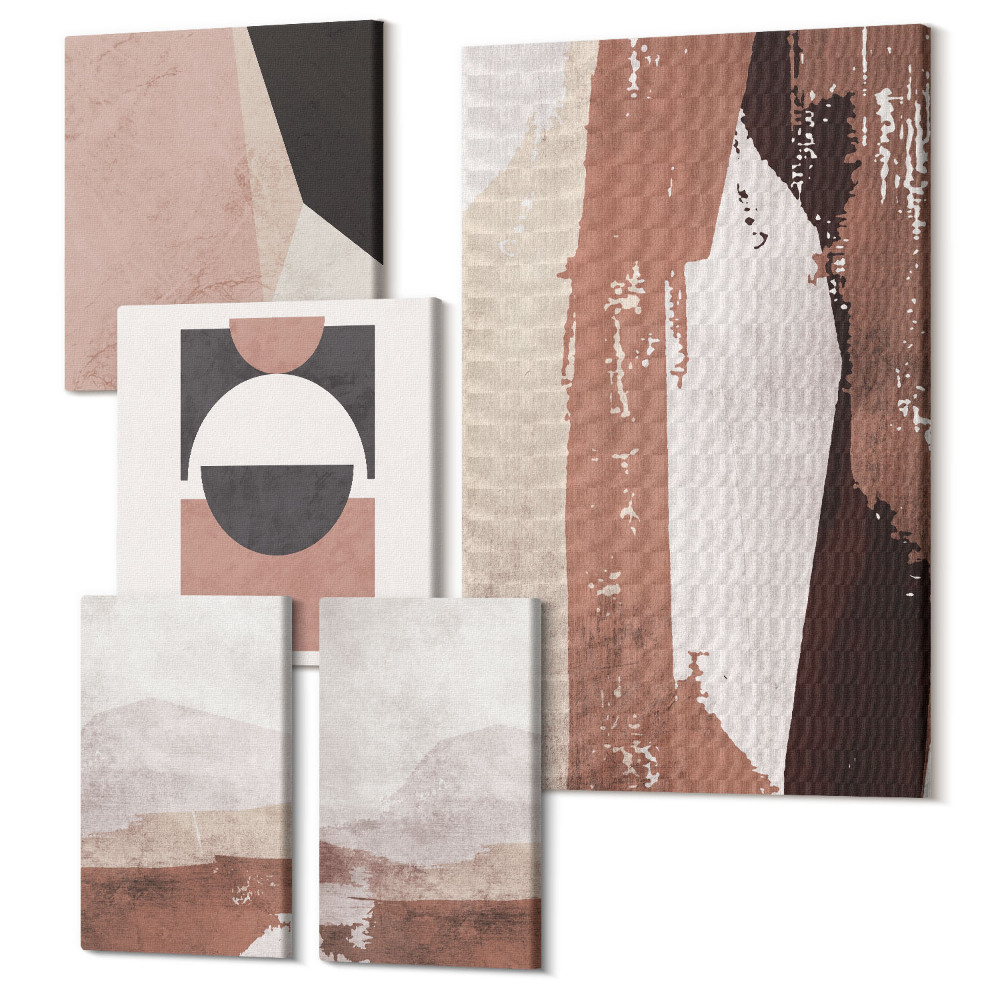 Sada obrazů pentaptych Abstraktní kompozice v zemských tónech a geometrických tvarech