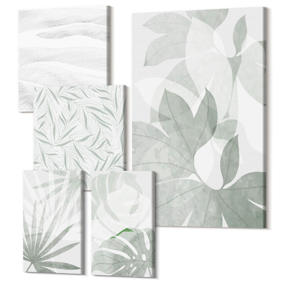 Sada 5 obrazů Rostlinné motivy v jemných odstínech zelené
