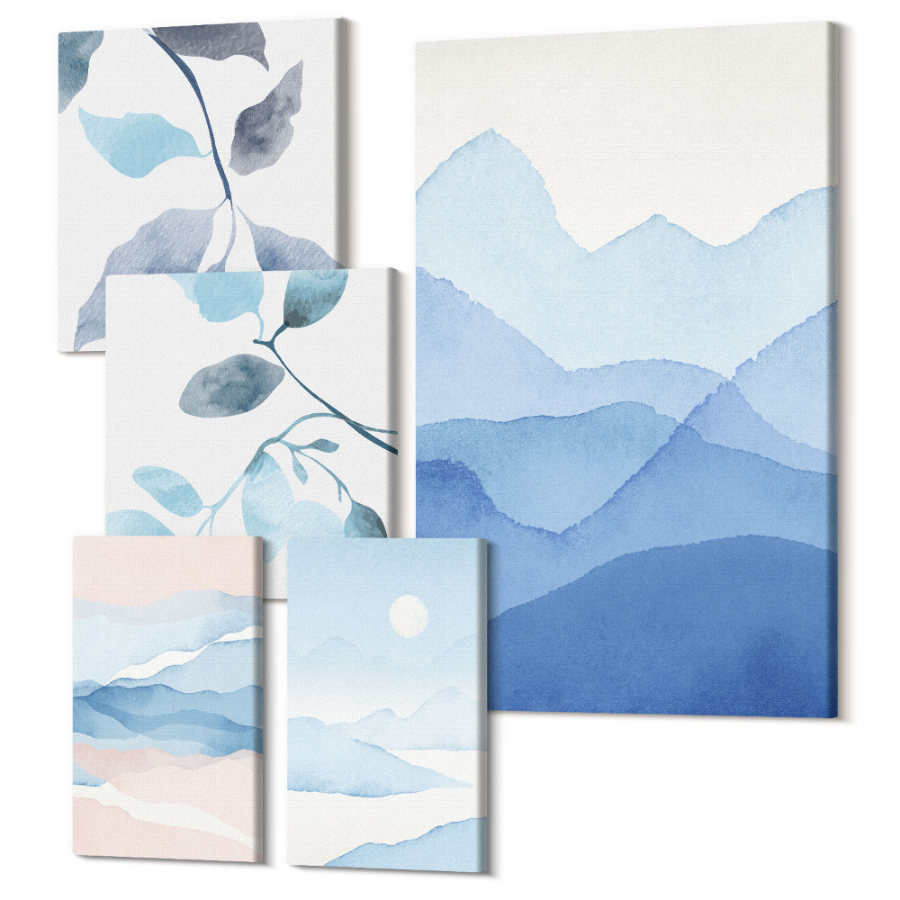 Sada obrazů na zeď pentaptych Příroda v odstínech modré minimalistické krajiny a listí