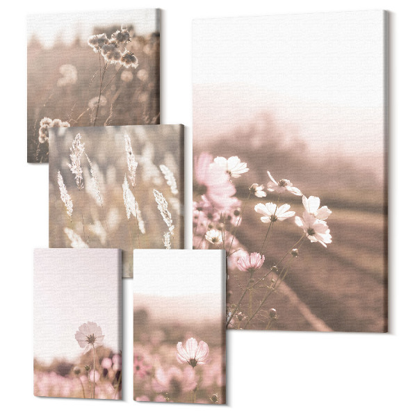 Sada obrazů pentaptych Květinové motivy v jemných odstínech přírody