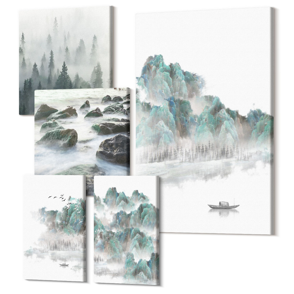 Sada obrazů pentaptych Klidná přírodní krajina s vodou a vegetací