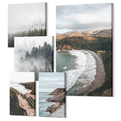 Sada obrazů na zeď pentaptych Pobřežní krajina s lesy a horskými kopci