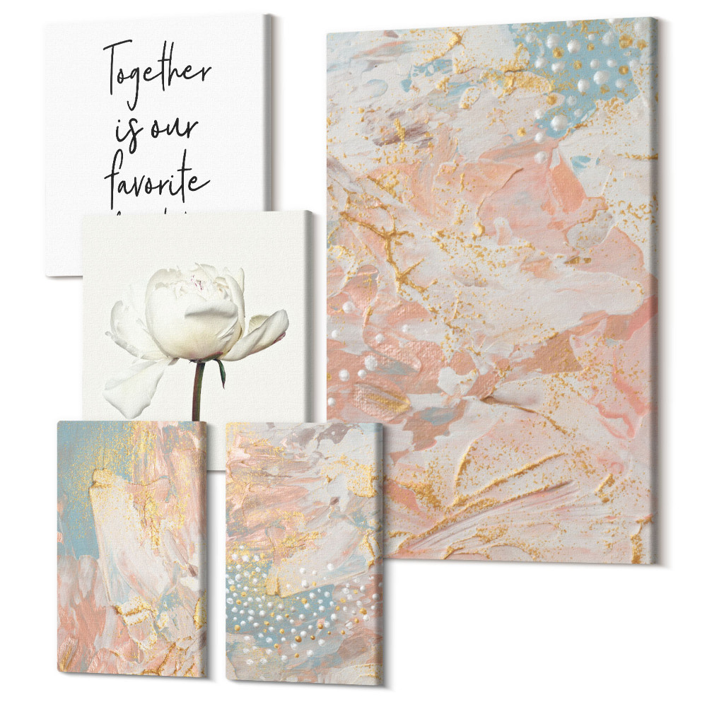 Sada obrazů na zeď pentaptych Abstraktní kompozice s květinami a inspirujícími slogany