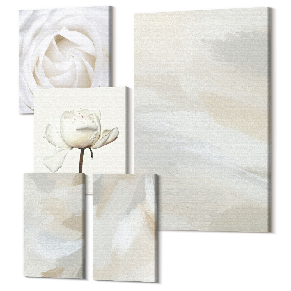 Sada 5 obrazů Květinové inspirace v jemných odstínech bílé