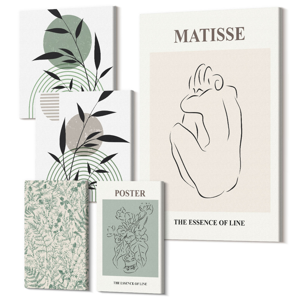 Sada obrazů pentaptych Stylová grafika s rostlinnými motivy a liniemi