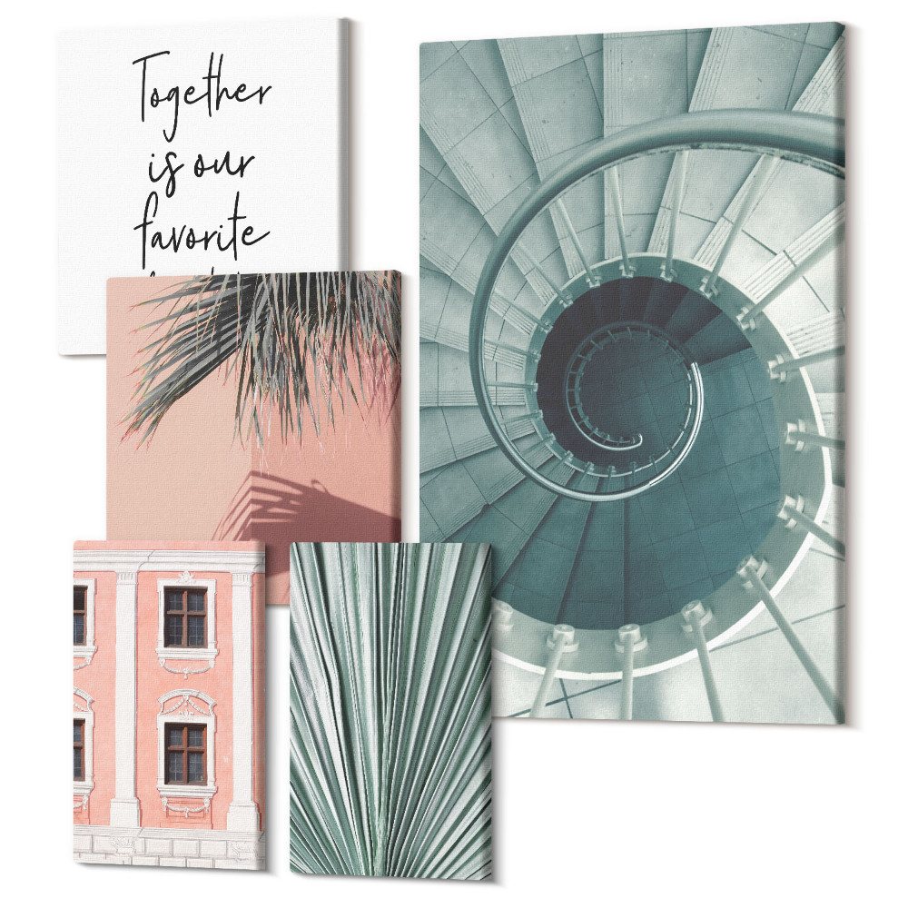 Sada obrazů na zeď pentaptych Stylové interiéry s geometrickými vzory a rostlinami