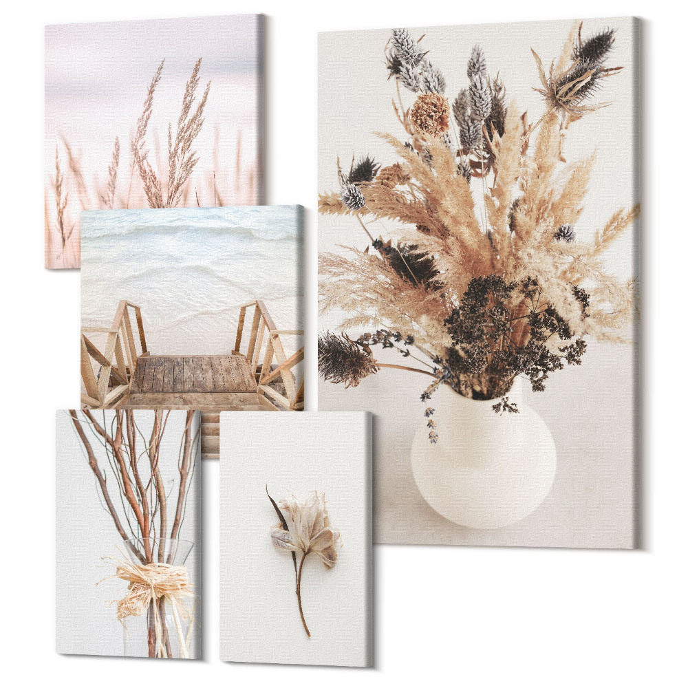 Sada obrazů pentaptych Stylové dekorace se sušenými rostlinami a vodními scenériemi