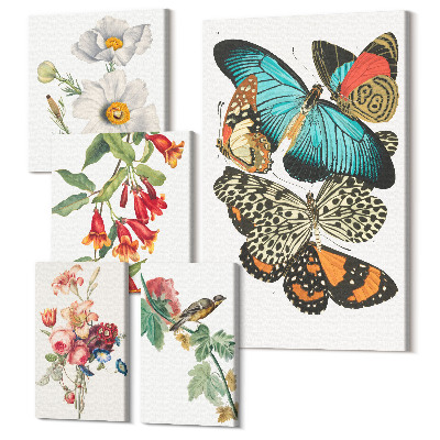 Sada obrazů pentaptych Vintage nástěnná výzdoba květin, motýlů a ptáků