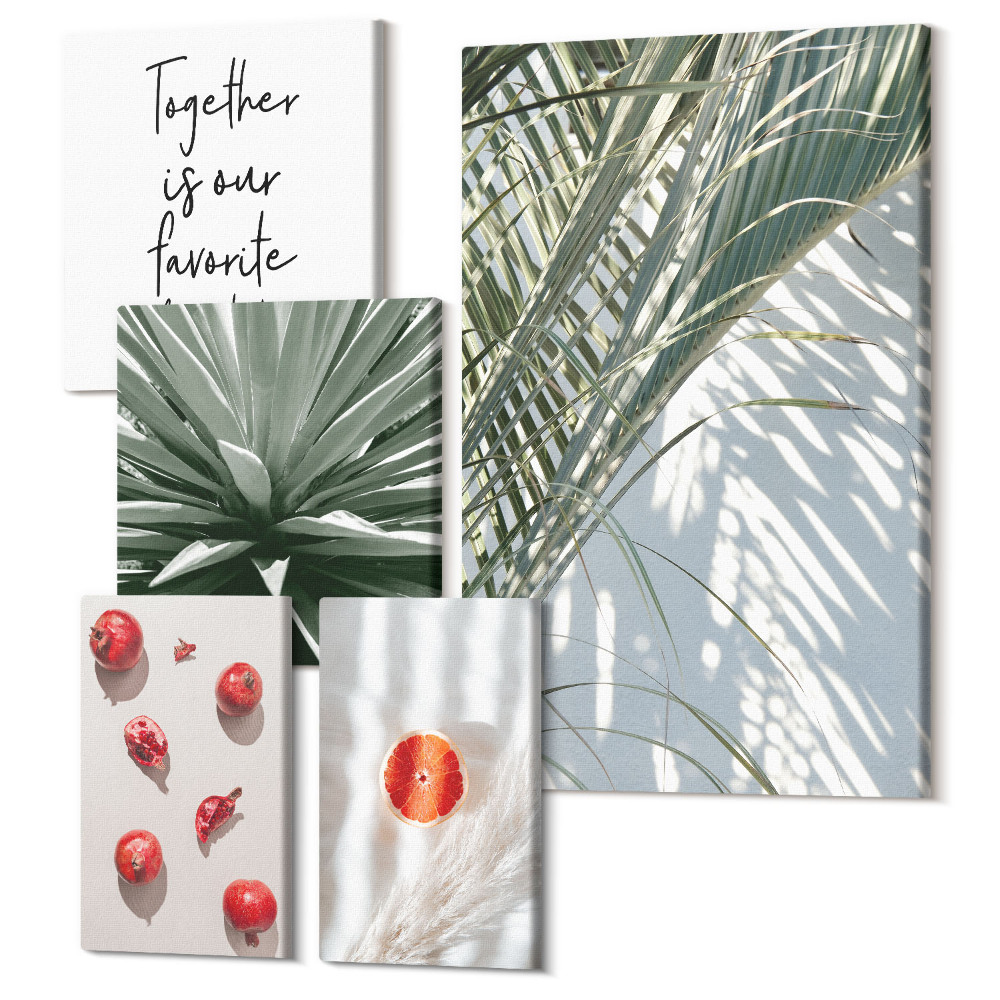 Sada obrazů na zeď pentaptych Boho styl s rostlinnými motivy a tropickým ovocem