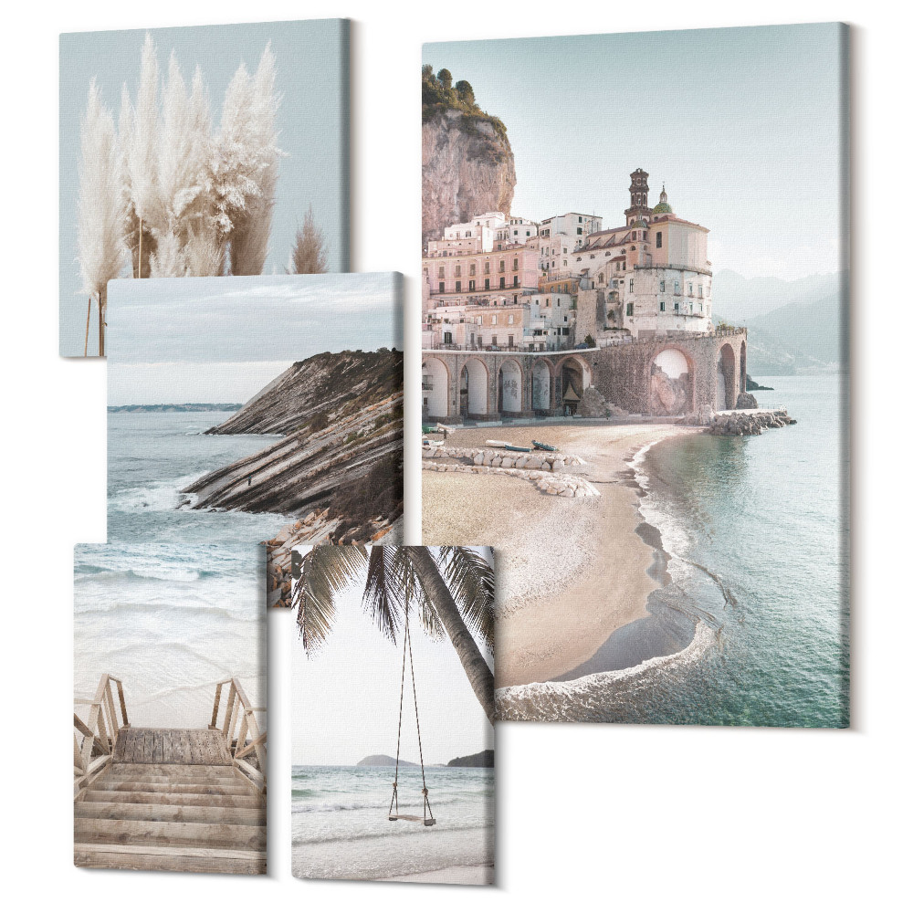 Sada 5 obrazů Stylový výhled na moře s plážemi a architekturou