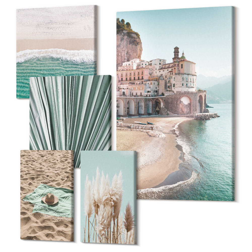Sada obrazů na zeď pentaptych Stylový výhled na moře s plážemi a vegetací