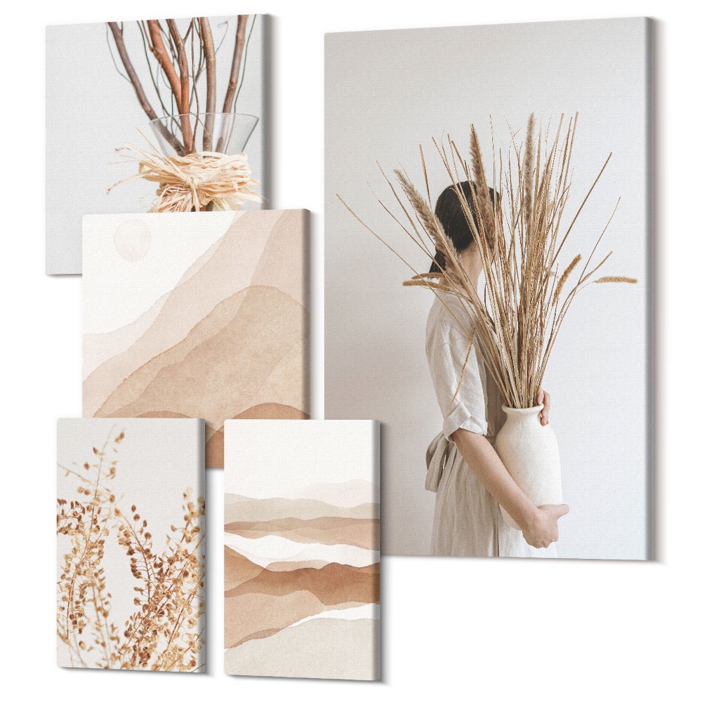 Sada 5 obrazů Stylové boho akcenty s rostlinami a abstraktními krajinami