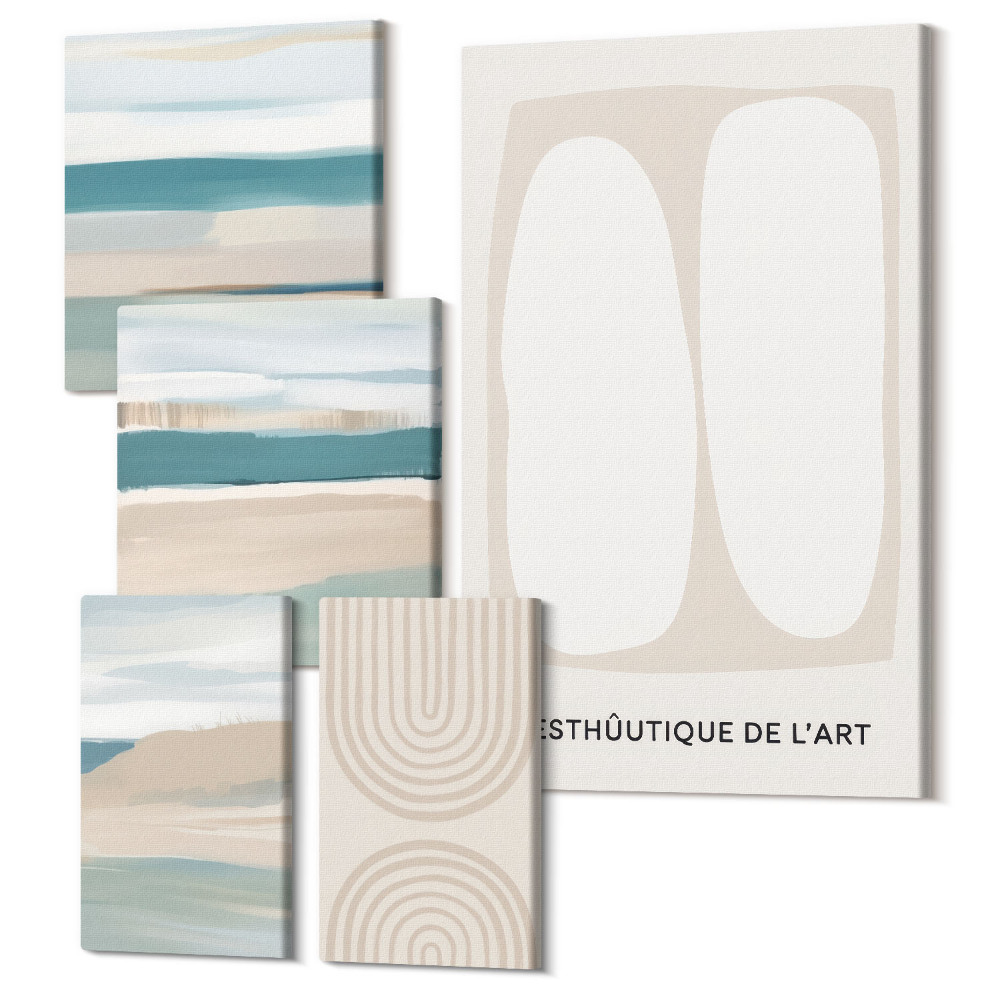 Sada obrazů pentaptych Abstraktní kompozice v odstínech přírody a geometrie