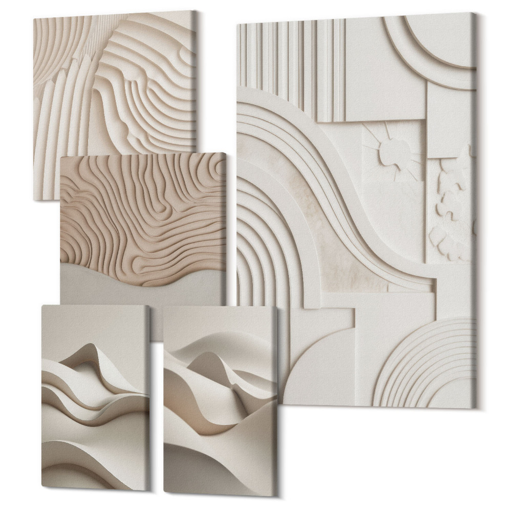 Sada obrazů pentaptych Abstraktní strukturální formy v odstínech béžové a bílé
